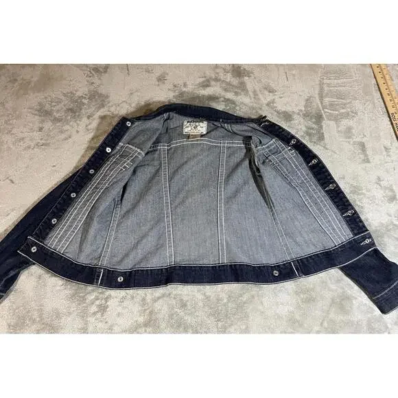 TRUE RELIGION Denim Trucker Jacket Blue Denim Jean Snap Button Sz XS Woman Logo - Picture 13 of 16